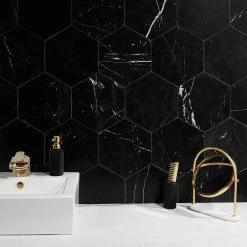 Blackout Hexagon Nero Marquina 10 in. x 10 in. Marble Floor and Wall Tile (6 sq. ft./Case) by Ivy Hill Tile 12 Blackout Hexagon Nero Marquina 10 in. x 10 in. Marble Floor and Wall Tile (6 sq. ft./Case) by Ivy Hill Tile -Tile Elegant Shop black ivy hill tile marble tile ext3rd105090 c3 1000