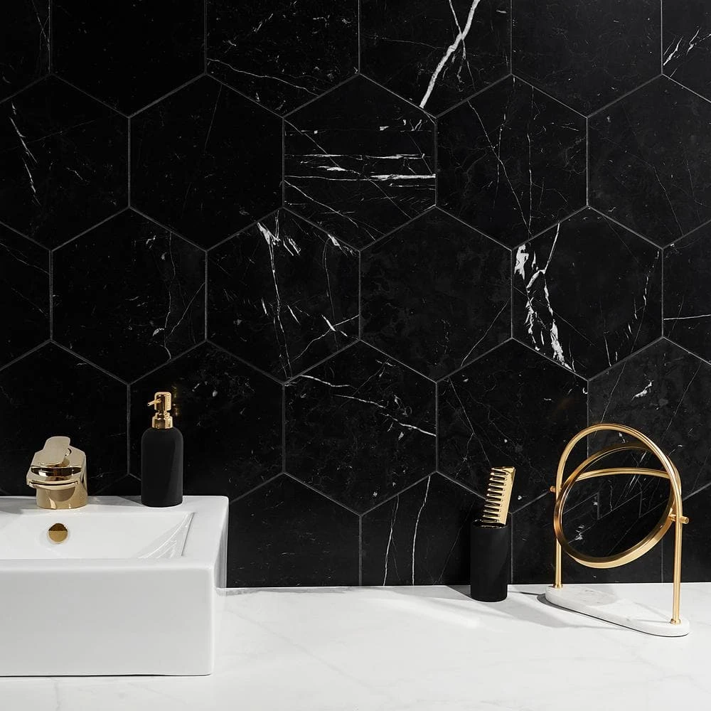 Blackout Hexagon Nero Marquina 10 in. x 10 in. Marble Floor and Wall Tile (6 sq. ft./Case) by Ivy Hill Tile 5 Blackout Hexagon Nero Marquina 10 in. x 10 in. Marble Floor and Wall Tile (6 sq. ft./Case) by Ivy Hill Tile - Image 3