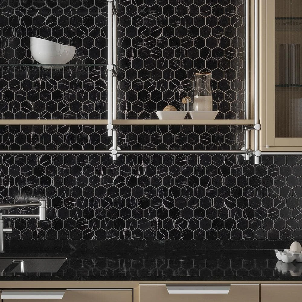 Hollow 2 in. Hex Black 12.375 in. x 10.75 in. Hexagon Gloss Glass Mosaic Wall Tile (18.47 sq. ft./Case) by Jeffrey Court 6 Hollow 2 in. Hex Black 12.375 in. x 10.75 in. Hexagon Gloss Glass Mosaic Wall Tile (18.47 sq. ft./Case) by Jeffrey Court - Image 4