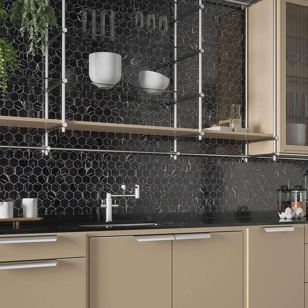 Hollow 2 in. Hex Black 12.375 in. x 10.75 in. Hexagon Gloss Glass Mosaic Wall Tile (18.47 sq. ft./Case) by Jeffrey Court 4 Hollow 2 in. Hex Black 12.375 in. x 10.75 in. Hexagon Gloss Glass Mosaic Wall Tile (18.47 sq. ft./Case) by Jeffrey Court - Image 2