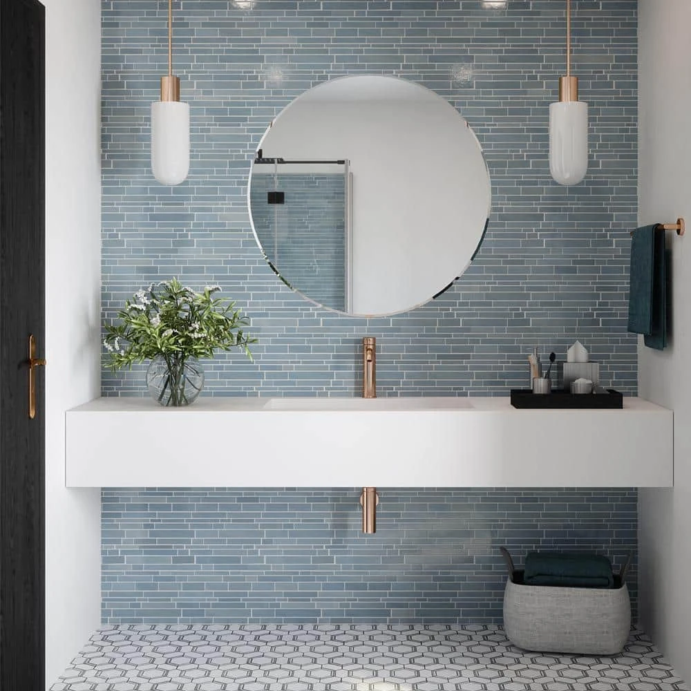 Polar Orbit Blue 11.625 in. x 11.625 in. Interlocking Glossy Glass Mosaic Wall Tile (18.77 sq. ft./Case) by Jeffrey Court 4 Polar Orbit Blue 11.625 in. x 11.625 in. Interlocking Glossy Glass Mosaic Wall Tile (18.77 sq. ft./Case) by Jeffrey Court - Image 2