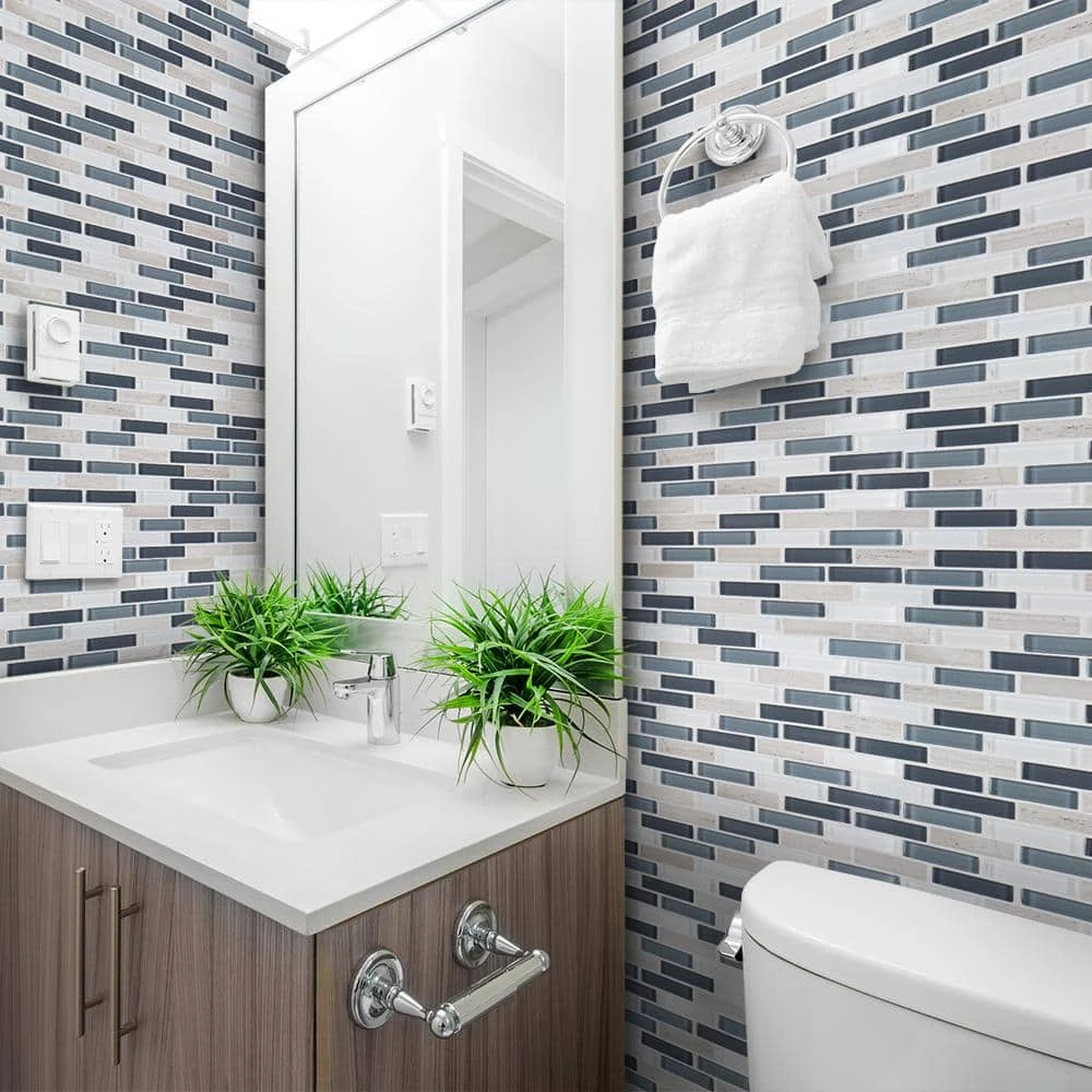 Dolphin Tail Blue 9.75 in. x 11.875 in. Interlocking Gloss Glass and Natural Stone Mosaic Wall Tile (12.06 sq. ft./Case) by Jeffrey Court 4 Dolphin Tail Blue 9.75 in. x 11.875 in. Interlocking Gloss Glass and Natural Stone Mosaic Wall Tile (12.06 sq. ft./Case) by Jeffrey Court - Image 2