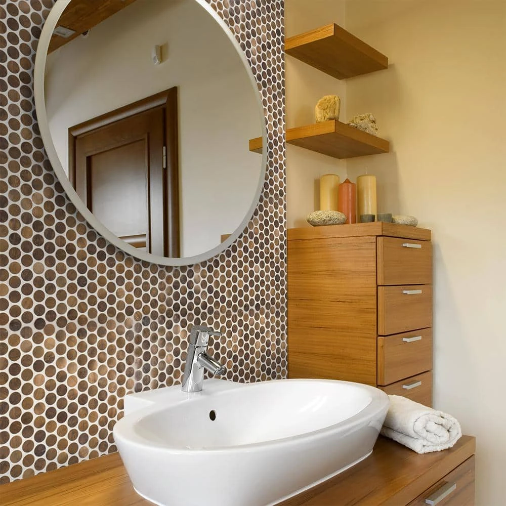 Copper Pennies Brown 11.875 in. x 11.625 in. Penny Round Brushed Metal Mosaic Tile (9.587 sq. ft./Case) by Jeffrey Court 4 Copper Pennies Brown 11.875 in. x 11.625 in. Penny Round Brushed Metal Mosaic Tile (9.587 sq. ft./Case) by Jeffrey Court - Image 2