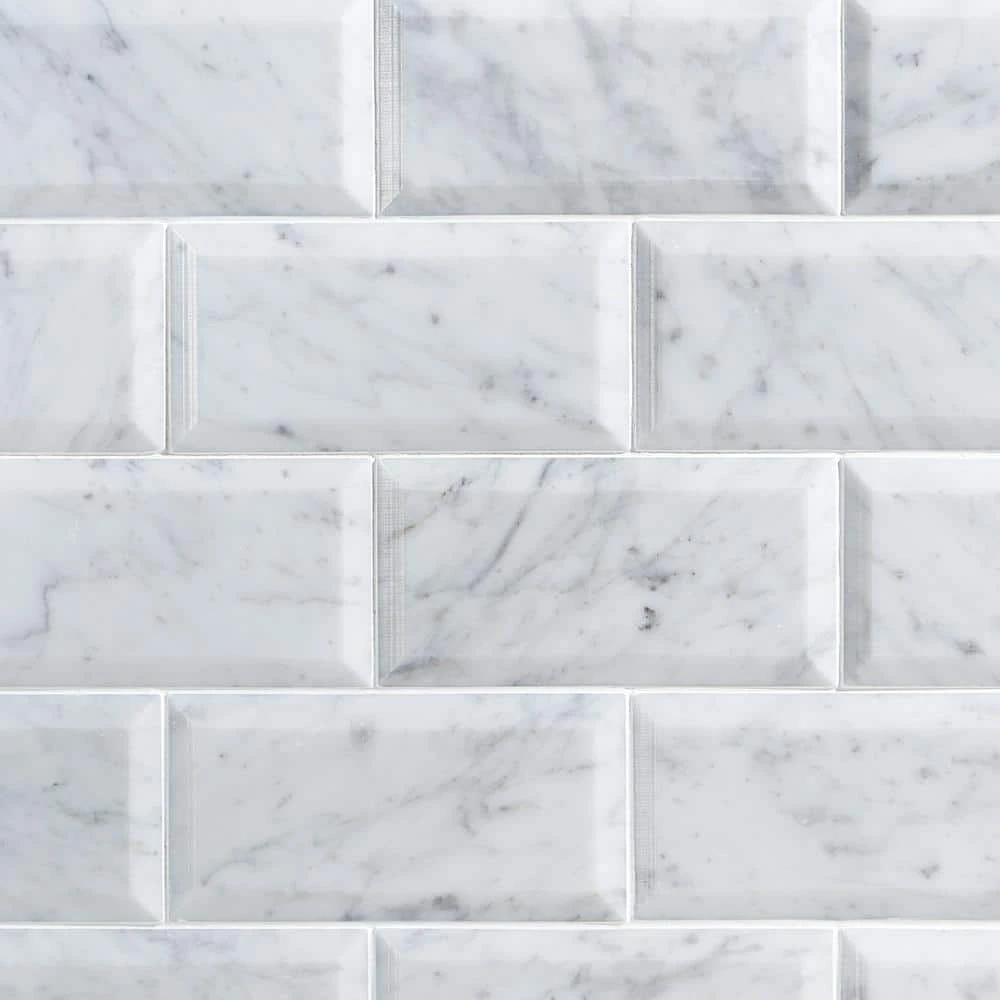 White Carrara Beveled 3 in. x 6 in. x 9mm Polished Marble Subway Tile (40 pieces / 5 sq. ft. / box) by Ivy Hill Tile 3 White Carrara Beveled 3 in. x 6 in. x 9mm Polished Marble Subway Tile (40 pieces / 5 sq. ft. / box) by Ivy Hill Tile