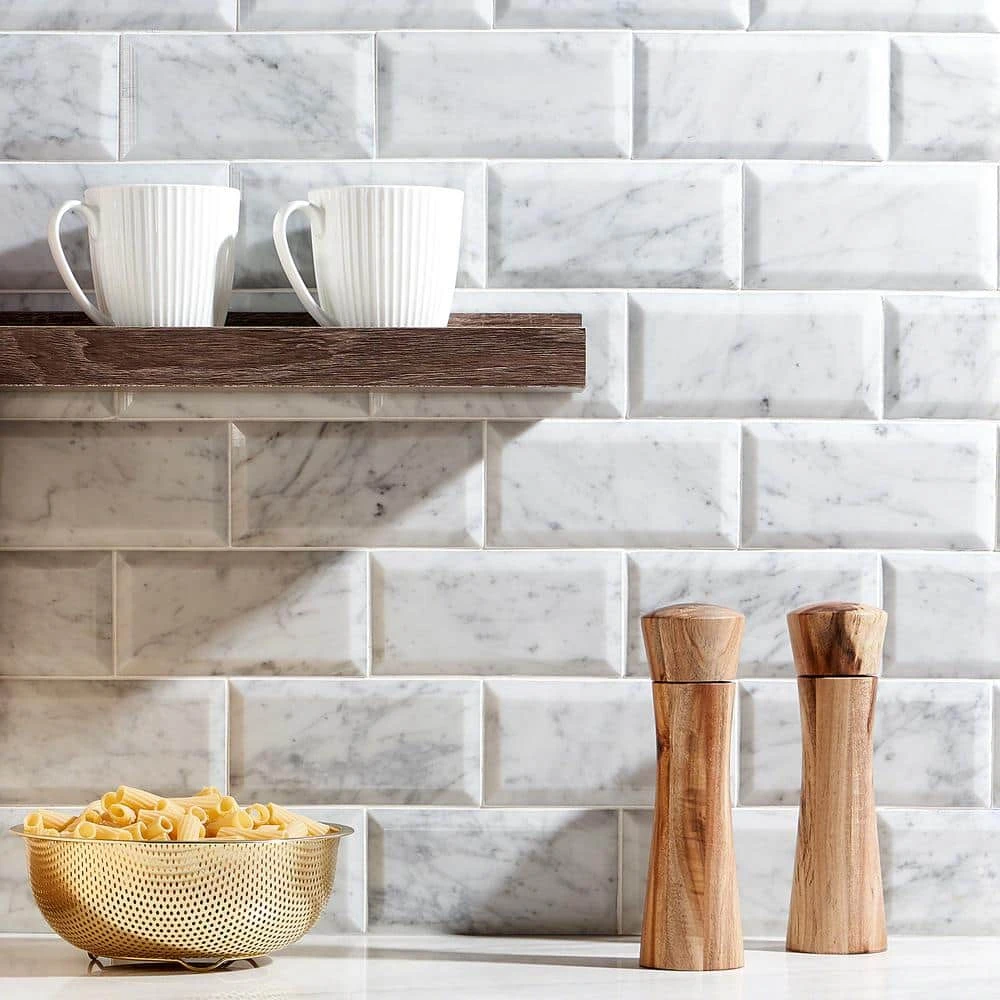 White Carrara Beveled 3 in. x 6 in. x 9mm Polished Marble Subway Tile (40 pieces / 5 sq. ft. / box) by Ivy Hill Tile 7 White Carrara Beveled 3 in. x 6 in. x 9mm Polished Marble Subway Tile (40 pieces / 5 sq. ft. / box) by Ivy Hill Tile - Image 5