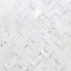 White Carrara Herringbone 12 in. x 12 in. 10mm Polished Marble Stone Mosaic Wall Tile (1 sq. ft.) by Ivy Hill Tile