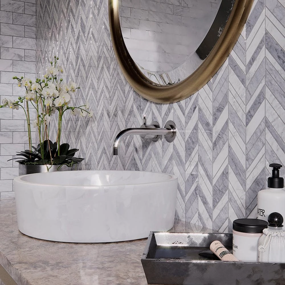 Carlton Gray 11.625 in. x 12 in. Chevron Marble Wall and Floor Mosaic Tile (9.68 sq. ft./Case) by Jeffrey Court 4 Carlton Gray 11.625 in. x 12 in. Chevron Marble Wall and Floor Mosaic Tile (9.68 sq. ft./Case) by Jeffrey Court - Image 2