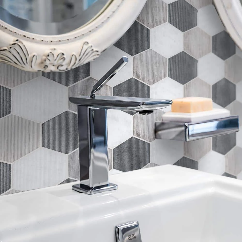 Tread Gray 12 in. x 10.5 in. Hexagon Textured Marble Wall and Floor Mosaic Tile (8.75 sq. ft./Case) by Jeffrey Court 4 Tread Gray 12 in. x 10.5 in. Hexagon Textured Marble Wall and Floor Mosaic Tile (8.75 sq. ft./Case) by Jeffrey Court - Image 2