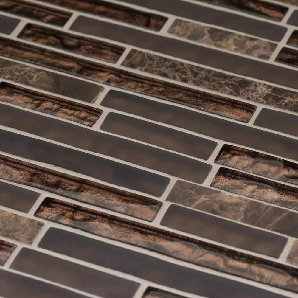 Walnut Foil Emperador Pencil 10.75 in. x 11 in. x 8mm Interlocking Textured Glass Marble Mosaic Tile (8.21 sq. ft./Case) by Jeffrey Court 7 Walnut Foil Emperador Pencil 10.75 in. x 11 in. x 8mm Interlocking Textured Glass Marble Mosaic Tile (8.21 sq. ft./Case) by Jeffrey Court - Image 5