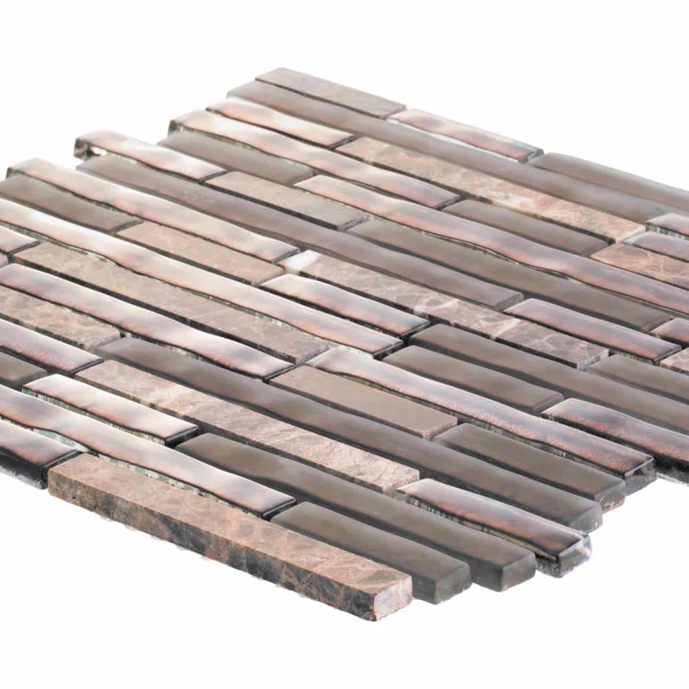 Walnut Foil Emperador Pencil 10.75 in. x 11 in. x 8mm Interlocking Textured Glass Marble Mosaic Tile (8.21 sq. ft./Case) by Jeffrey Court 5 Walnut Foil Emperador Pencil 10.75 in. x 11 in. x 8mm Interlocking Textured Glass Marble Mosaic Tile (8.21 sq. ft./Case) by Jeffrey Court - Image 3