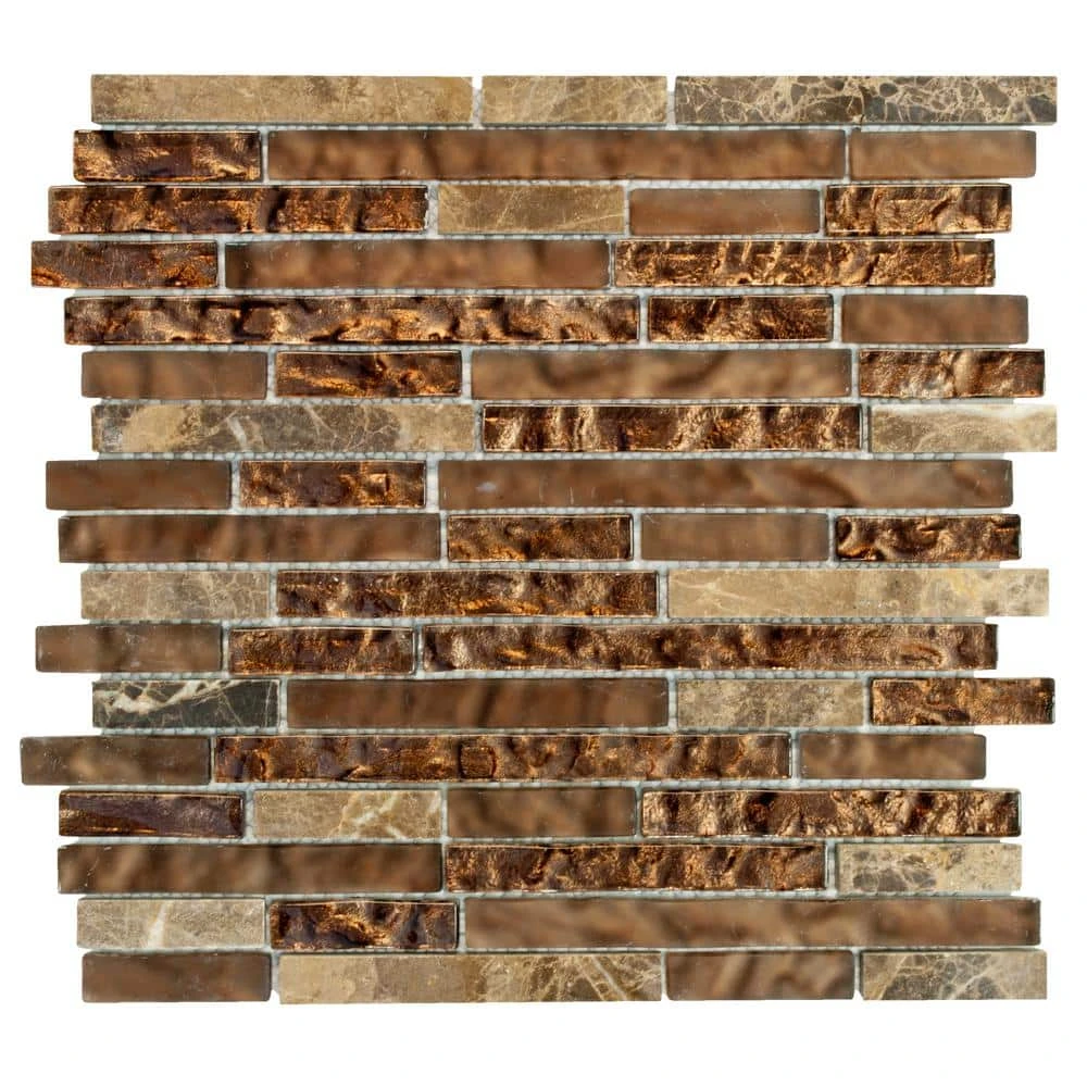 Walnut Foil Emperador Pencil 10.75 in. x 11 in. x 8mm Interlocking Textured Glass Marble Mosaic Tile (8.21 sq. ft./Case) by Jeffrey Court 3 Walnut Foil Emperador Pencil 10.75 in. x 11 in. x 8mm Interlocking Textured Glass Marble Mosaic Tile (8.21 sq. ft./Case) by Jeffrey Court