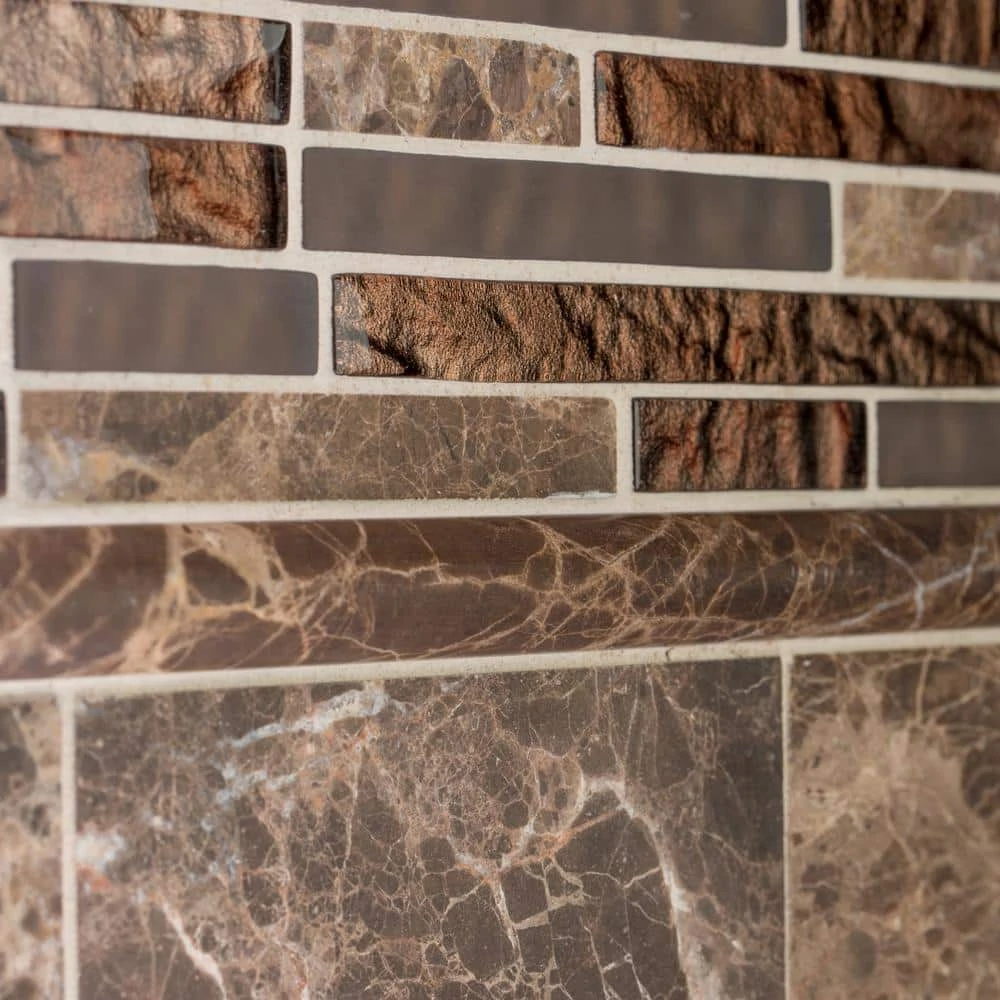 Walnut Foil Emperador Pencil 10.75 in. x 11 in. x 8mm Interlocking Textured Glass Marble Mosaic Tile (8.21 sq. ft./Case) by Jeffrey Court 6 Walnut Foil Emperador Pencil 10.75 in. x 11 in. x 8mm Interlocking Textured Glass Marble Mosaic Tile (8.21 sq. ft./Case) by Jeffrey Court - Image 4