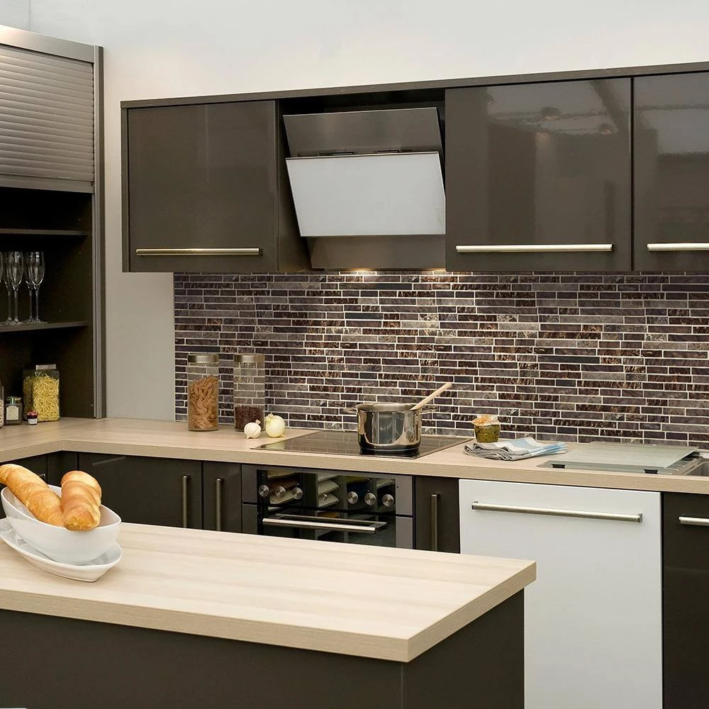 Walnut Foil Emperador Pencil 10.75 in. x 11 in. x 8mm Interlocking Textured Glass Marble Mosaic Tile (8.21 sq. ft./Case) by Jeffrey Court 4 Walnut Foil Emperador Pencil 10.75 in. x 11 in. x 8mm Interlocking Textured Glass Marble Mosaic Tile (8.21 sq. ft./Case) by Jeffrey Court - Image 2