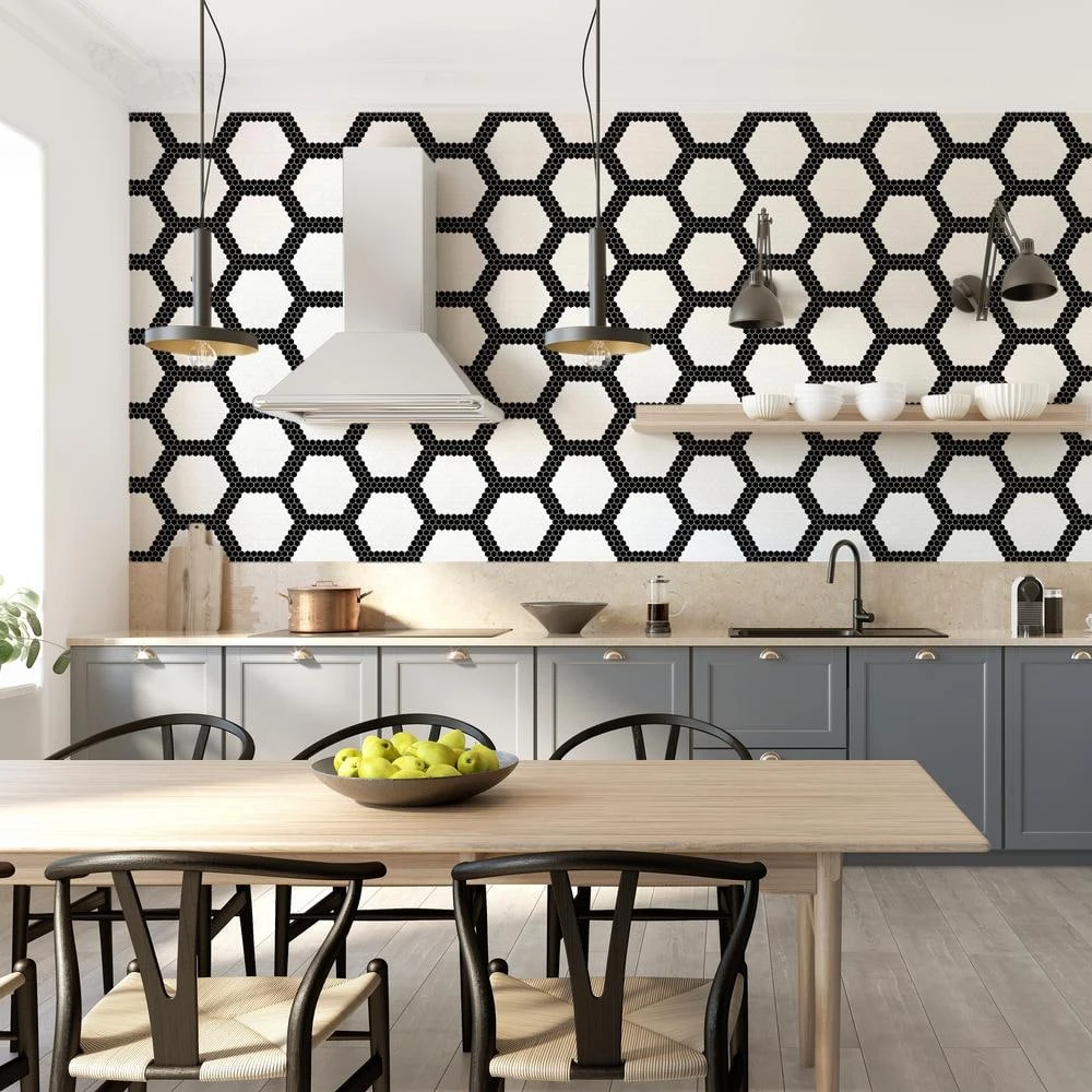 Madeline White/Black 10 in. x 11.5 in. Hexagon Matte Pressed Glass Mosaic Wall and Floor Tile (7.986 sq. ft./Case) by Jeffrey Court 4 Madeline White/Black 10 in. x 11.5 in. Hexagon Matte Pressed Glass Mosaic Wall and Floor Tile (7.986 sq. ft./Case) by Jeffrey Court - Image 2