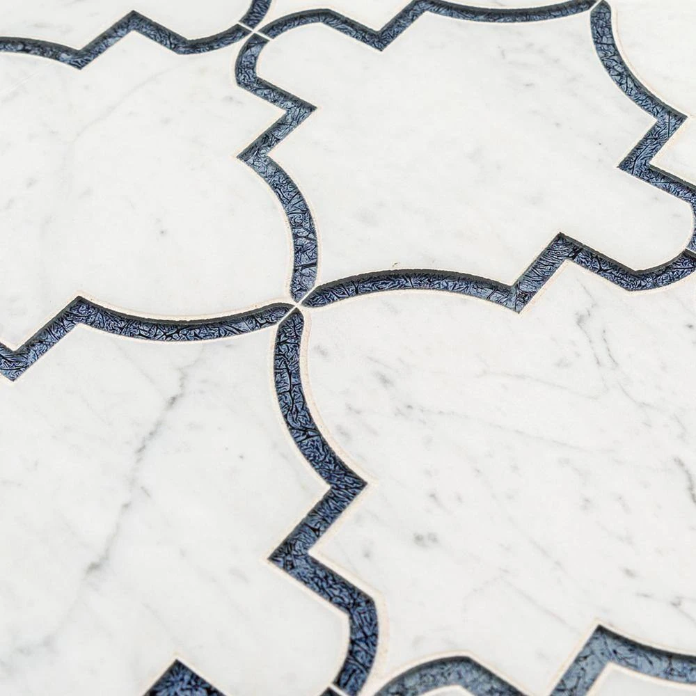 Medieval White/Grey 12.125 in. x 13 in. Arabesque Honed Carrara Marble/Gloss Blue Glass Mosaic Tile (10.946 sq.ft./Case) by Jeffrey Court 7 Medieval White/Grey 12.125 in. x 13 in. Arabesque Honed Carrara Marble/Gloss Blue Glass Mosaic Tile (10.946 sq.ft./Case) by Jeffrey Court - Image 5