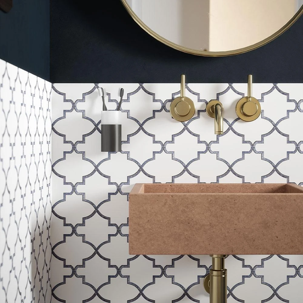 Medieval White/Grey 12.125 in. x 13 in. Arabesque Honed Carrara Marble/Gloss Blue Glass Mosaic Tile (10.946 sq.ft./Case) by Jeffrey Court 9 Medieval White/Grey 12.125 in. x 13 in. Arabesque Honed Carrara Marble/Gloss Blue Glass Mosaic Tile (10.946 sq.ft./Case) by Jeffrey Court - Image 7