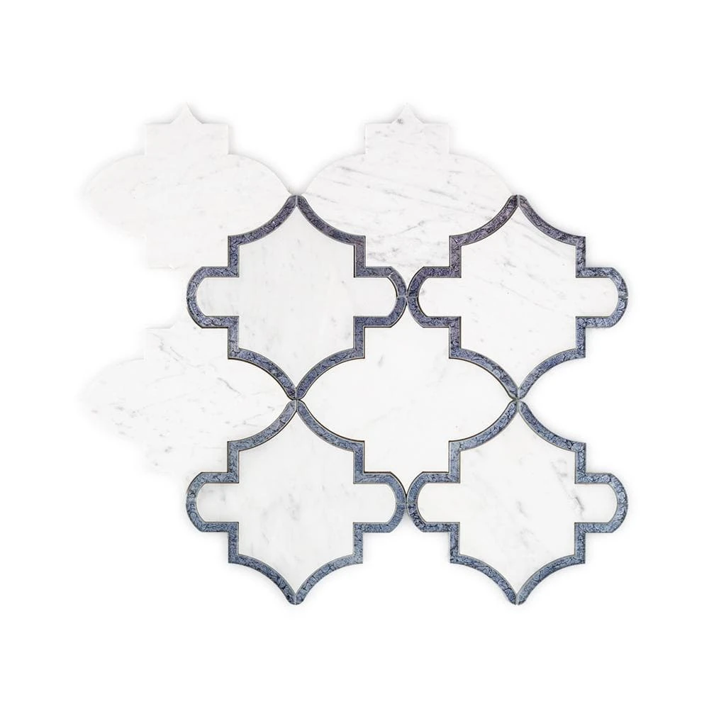 Medieval White/Grey 12.125 in. x 13 in. Arabesque Honed Carrara Marble/Gloss Blue Glass Mosaic Tile (10.946 sq.ft./Case) by Jeffrey Court 3 Medieval White/Grey 12.125 in. x 13 in. Arabesque Honed Carrara Marble/Gloss Blue Glass Mosaic Tile (10.946 sq.ft./Case) by Jeffrey Court