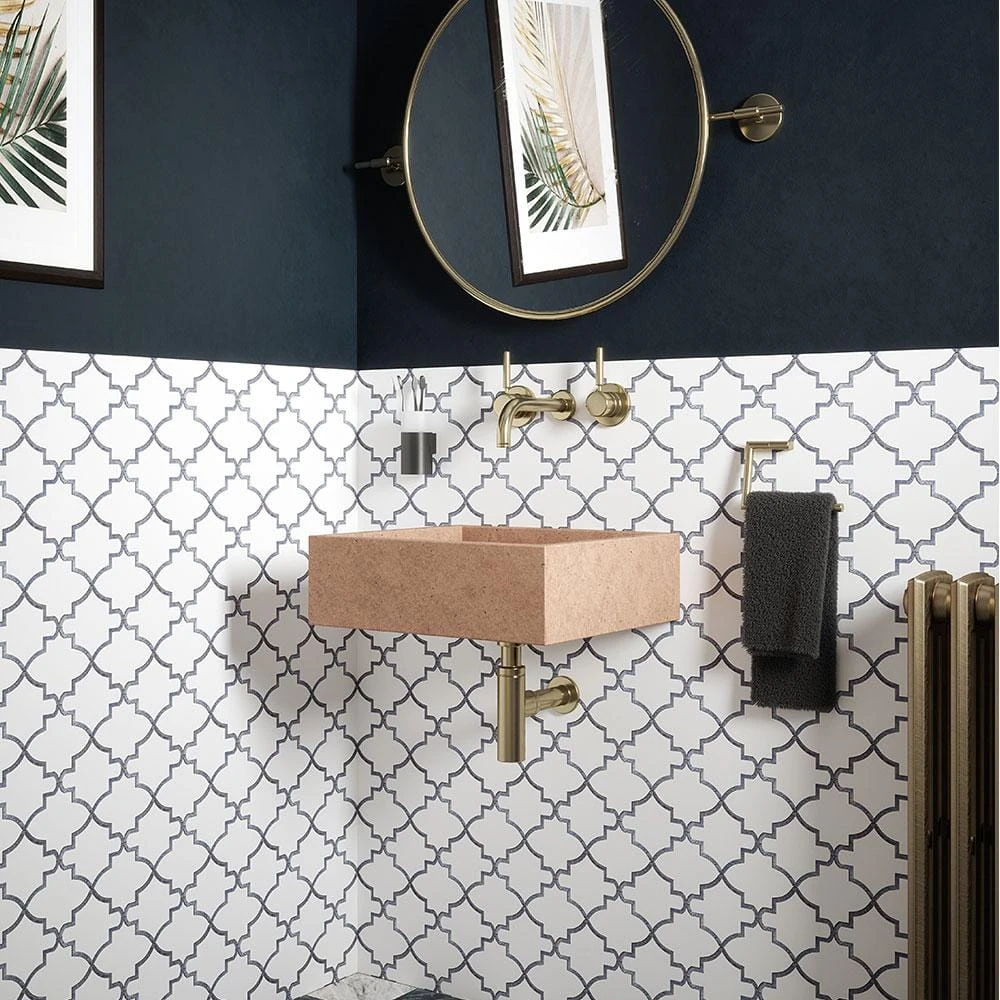 Medieval White/Grey 12.125 in. x 13 in. Arabesque Honed Carrara Marble/Gloss Blue Glass Mosaic Tile (10.946 sq.ft./Case) by Jeffrey Court 4 Medieval White/Grey 12.125 in. x 13 in. Arabesque Honed Carrara Marble/Gloss Blue Glass Mosaic Tile (10.946 sq.ft./Case) by Jeffrey Court - Image 2