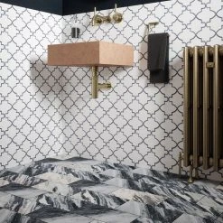 Medieval White/Grey 12.125 in. x 13 in. Arabesque Honed Carrara Marble/Gloss Blue Glass Mosaic Tile (10.946 sq.ft./Case) by Jeffrey Court 21 Medieval White/Grey 12.125 in. x 13 in. Arabesque Honed Carrara Marble/Gloss Blue Glass Mosaic Tile (10.946 sq.ft./Case) by Jeffrey Court -Tile Elegant Shop white grey jeffrey court marble tile 13029 fa 1000