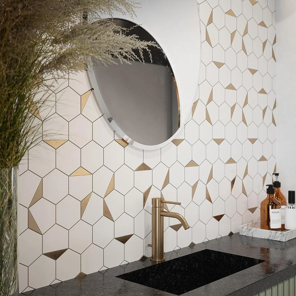 Bees Knees White 13 in. x 11.125 in. Hexagon Honed Marble and Metal Mosaic Wall and Floor Tile (10.04 sq. ft./Case) by Jeffrey Court 6 Bees Knees White 13 in. x 11.125 in. Hexagon Honed Marble and Metal Mosaic Wall and Floor Tile (10.04 sq. ft./Case) by Jeffrey Court - Image 4