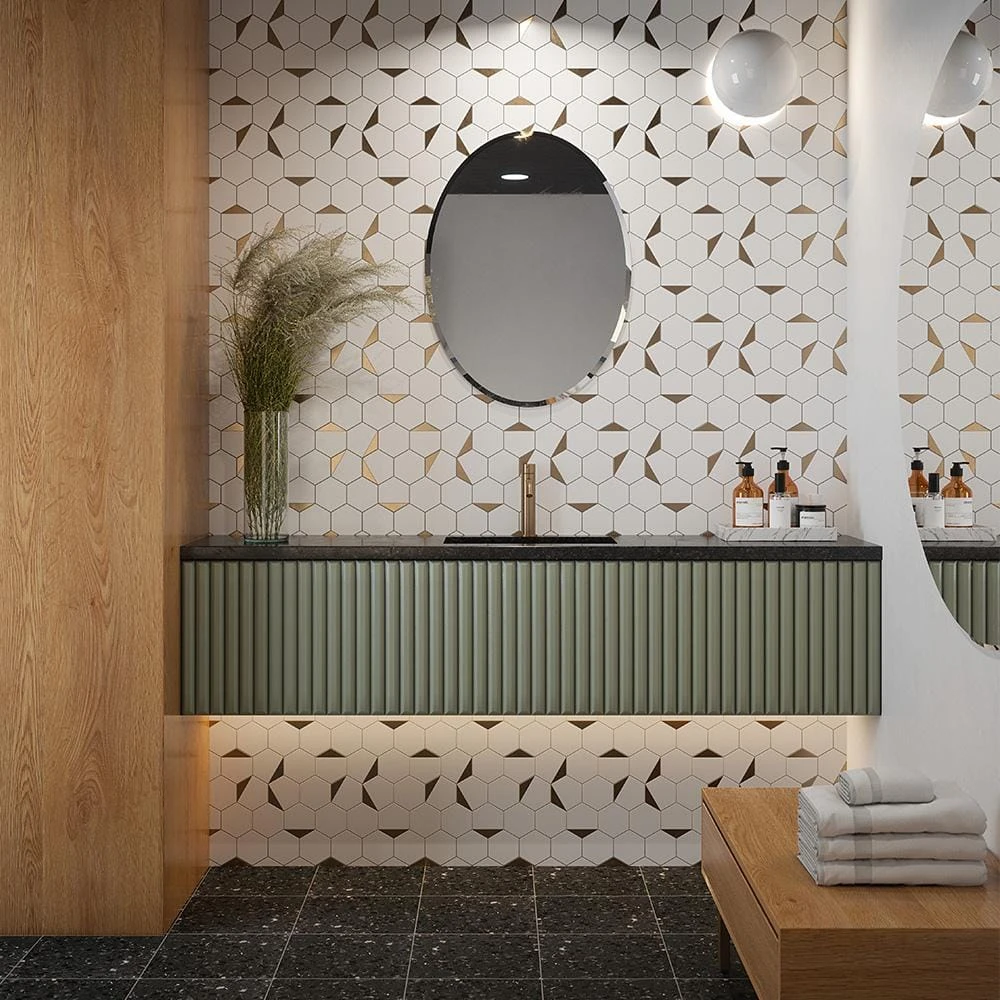 Bees Knees White 13 in. x 11.125 in. Hexagon Honed Marble and Metal Mosaic Wall and Floor Tile (10.04 sq. ft./Case) by Jeffrey Court 4 Bees Knees White 13 in. x 11.125 in. Hexagon Honed Marble and Metal Mosaic Wall and Floor Tile (10.04 sq. ft./Case) by Jeffrey Court - Image 2