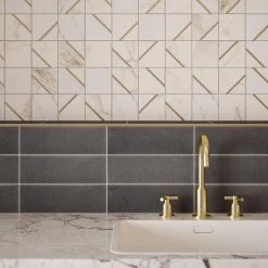 Jazzy White/Gold 11.75 in. x 11.75 in. Square Honed Calacatta Marble/Gold Metal Mosaic Tile (9.588 sq. ft./Case) by Jeffrey Court -Tile Elegant Shop white jeffrey court marble tile 13031 1f 1000