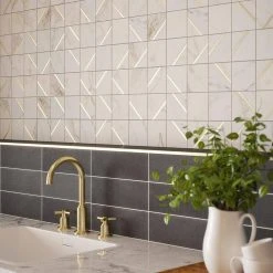 Jazzy White/Gold 11.75 in. x 11.75 in. Square Honed Calacatta Marble/Gold Metal Mosaic Tile (9.588 sq. ft./Case) by Jeffrey Court -Tile Elegant Shop white jeffrey court marble tile 13031 44 1000