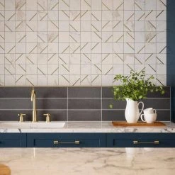 Jazzy White/Gold 11.75 in. x 11.75 in. Square Honed Calacatta Marble/Gold Metal Mosaic Tile (9.588 sq. ft./Case) by Jeffrey Court -Tile Elegant Shop white jeffrey court marble tile 13031 4f 1000