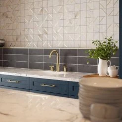 Jazzy White/Gold 11.75 in. x 11.75 in. Square Honed Calacatta Marble/Gold Metal Mosaic Tile (9.588 sq. ft./Case) by Jeffrey Court -Tile Elegant Shop white jeffrey court marble tile 13031 c3 1000