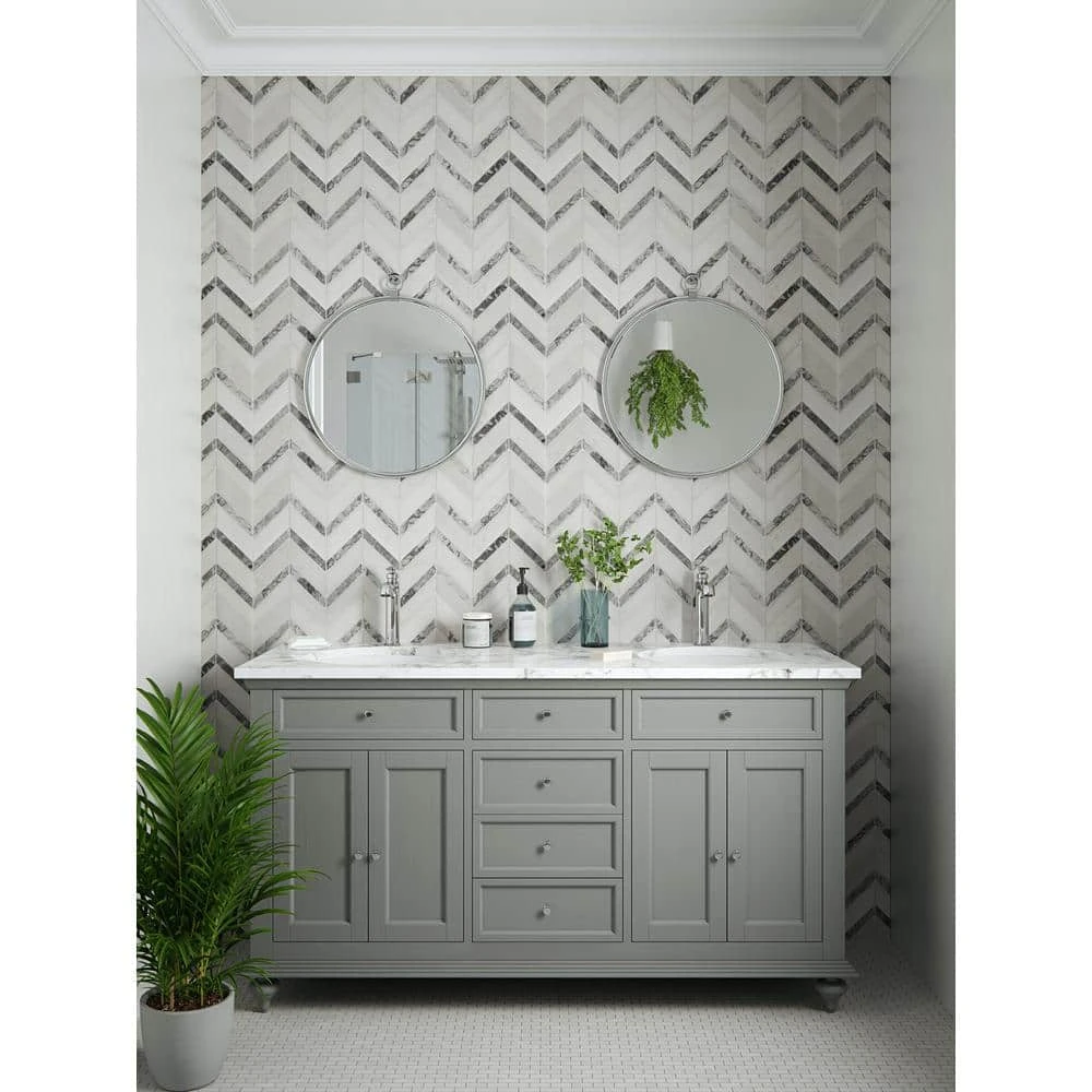 Glacier Edge White and Gray 9.875 in. x 11.25 in. Chevron Honed Marble Floor and Wall Mosaic Tile (0.771 sq. ft./Each) by Jeffrey Court 4 Glacier Edge White and Gray 9.875 in. x 11.25 in. Chevron Honed Marble Floor and Wall Mosaic Tile (0.771 sq. ft./Each) by Jeffrey Court - Image 2