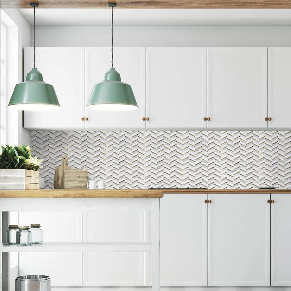 Dreamcicle White 11.875 in. x 11.875 in. Chevron Marble/Gold Metal Floor and Wall Mosaic Tile (0.979 sq. ft./Each) by Jeffrey Court 4 Dreamcicle White 11.875 in. x 11.875 in. Chevron Marble/Gold Metal Floor and Wall Mosaic Tile (0.979 sq. ft./Each) by Jeffrey Court - Image 2