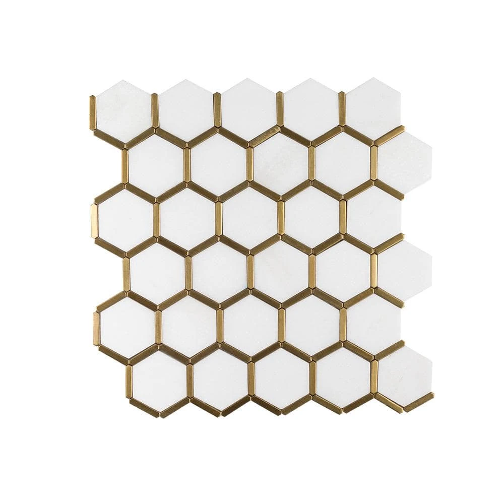 Karats White 10.625 in. x 11.125 in. Hexagon Polished Marble/Gold Metal Floor and Wall Mosaic Tile (0.820 sq. ft./Each) by Jeffrey Court 3 Karats White 10.625 in. x 11.125 in. Hexagon Polished Marble/Gold Metal Floor and Wall Mosaic Tile (0.820 sq. ft./Each) by Jeffrey Court