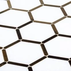 Karats White 10.625 in. x 11.125 in. Hexagon Polished Marble/Gold Metal Floor and Wall Mosaic Tile (0.820 sq. ft./Each) by Jeffrey Court 10 Karats White 10.625 in. x 11.125 in. Hexagon Polished Marble/Gold Metal Floor and Wall Mosaic Tile (0.820 sq. ft./Each) by Jeffrey Court -Tile Elegant Shop white jeffrey court marble tile 97937 a0 1000