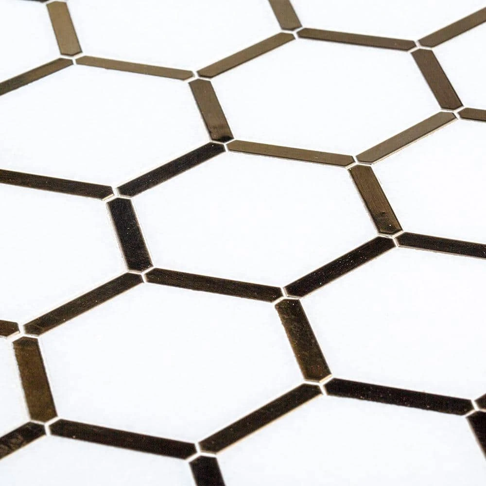 Karats White 10.625 in. x 11.125 in. Hexagon Polished Marble/Gold Metal Floor and Wall Mosaic Tile (0.820 sq. ft./Each) by Jeffrey Court 6 Karats White 10.625 in. x 11.125 in. Hexagon Polished Marble/Gold Metal Floor and Wall Mosaic Tile (0.820 sq. ft./Each) by Jeffrey Court - Image 4