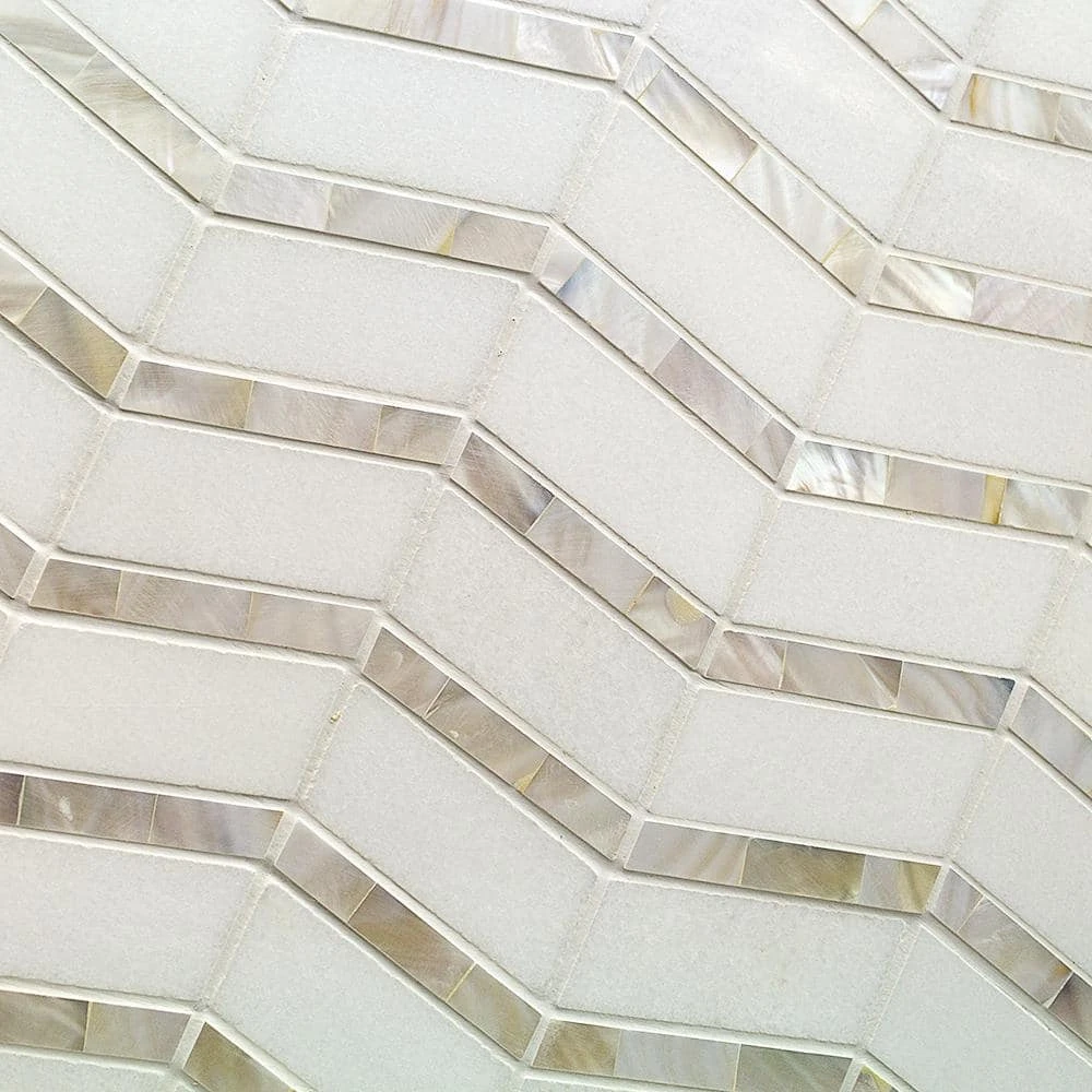 Blazon White Thassos And Mother Of Pearl Herringbone 11 3/4 in. x 11 5/8 in. Polished Glass Mosaic Tile by Ivy Hill Tile 8 Blazon White Thassos And Mother Of Pearl Herringbone 11 3/4 in. x 11 5/8 in. Polished Glass Mosaic Tile by Ivy Hill Tile - Image 6