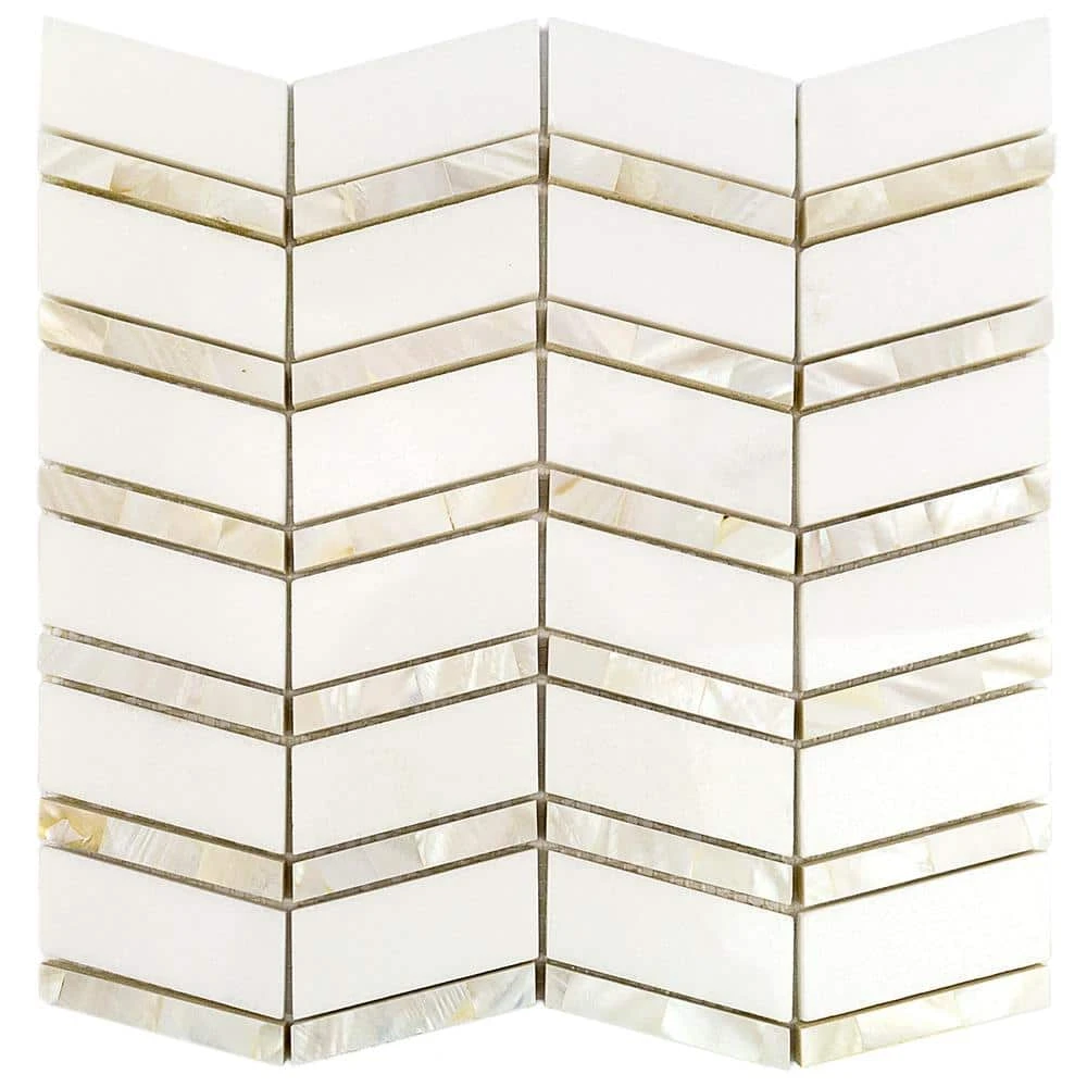Blazon White Thassos And Mother Of Pearl Herringbone 11 3/4 in. x 11 5/8 in. Polished Glass Mosaic Tile by Ivy Hill Tile 6 Blazon White Thassos And Mother Of Pearl Herringbone 11 3/4 in. x 11 5/8 in. Polished Glass Mosaic Tile by Ivy Hill Tile - Image 4